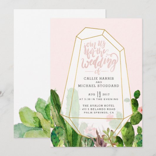 Desert Succulent Wedding Invitation - Roze Kaart (Voorkant / Achterkant)