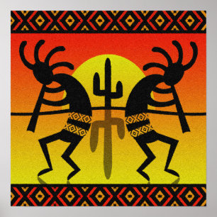 Desert Sun Cactus Southwest Kokopelli Wall Art Poster