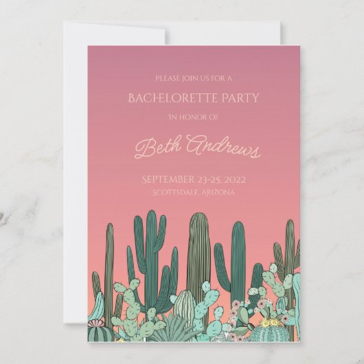 Desert Sunset Cactus Bachelorette Invitation Kaart (Voorkant)