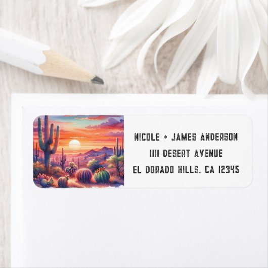 Desert Sunset Glow Waterverf Zuidwestelijke bruilo Etiket (Insitu)