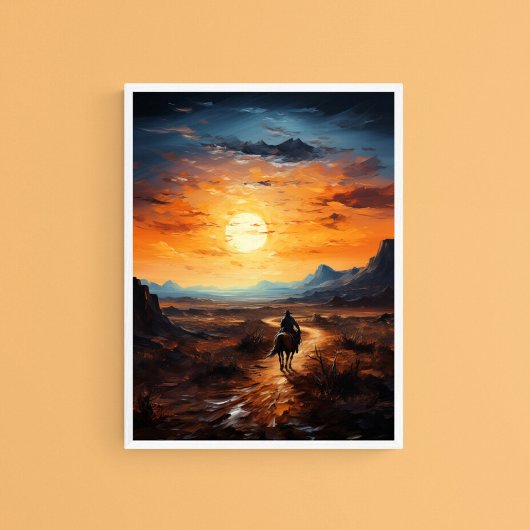 Desert Sunset Ride op Paard, Serene Wall Art Poster