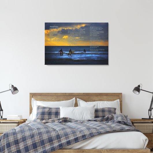 Desiderata gedicht over surfen bij zonsondergang - canvas afdruk (Insitu (Slaapkamer))