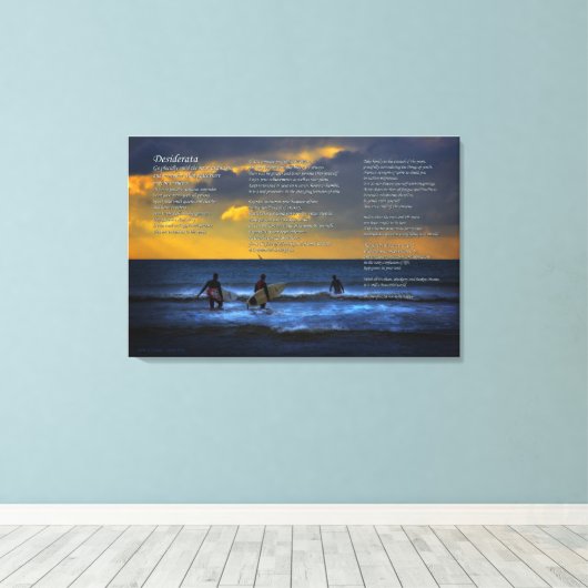 Desiderata gedicht over surfen bij zonsondergang - canvas afdruk (Insitu (Houten vloer))