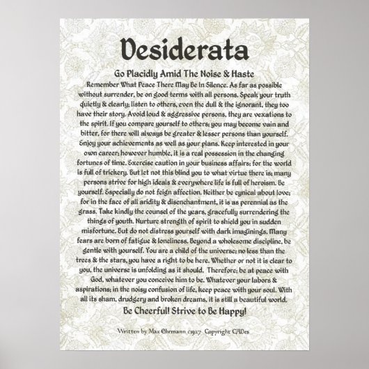 DESIDERATA Poster Max Ehrmann Calligraphie médiéva (Devant)
