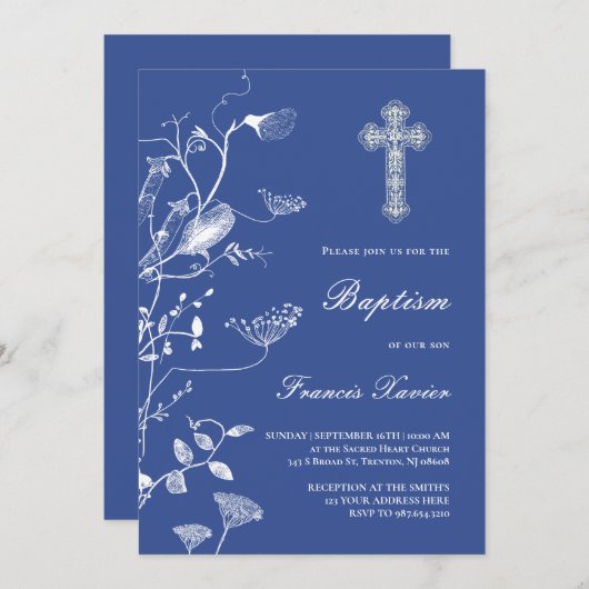 design chinoiserie bleu | Invitation au baptême (Devant / Derrière)