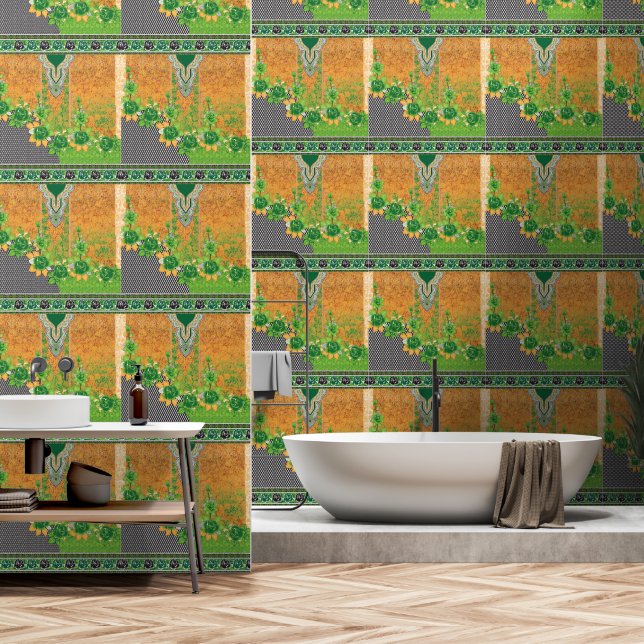 design d'un mur vert et jaune suspendu (Salle de bain)