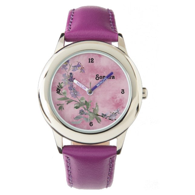 Design floral lavande sur une montre lavande (devant)