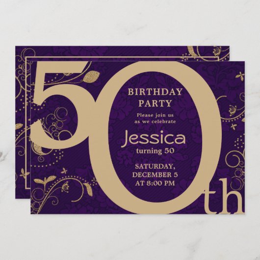 Design moderne or et violet Invitation d'anniversa (Devant / Derrière)