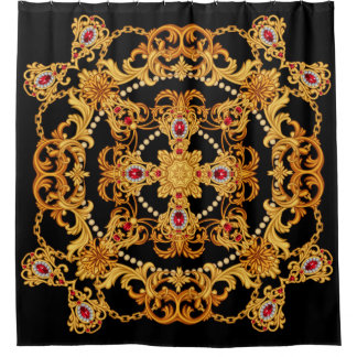 Design of silk scarf with ruby gem stones and gold douchegordijn