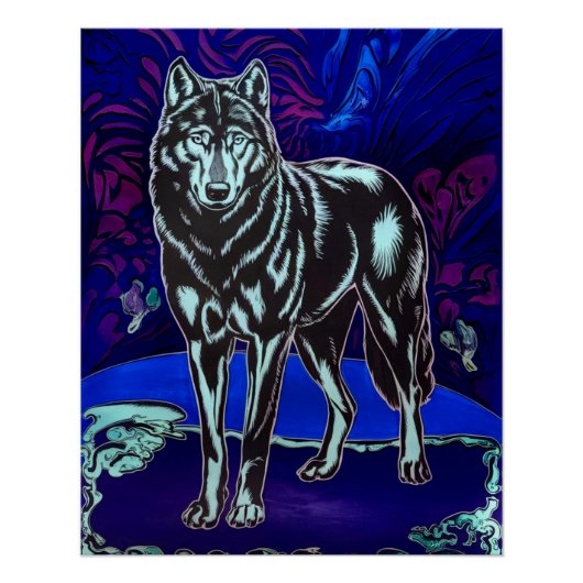Design Wolf Poster d'Art brillant Bleu pourpre (Devant)