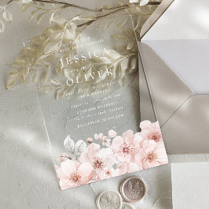Designer Blush Bloemen Alle Seizoenen Trouwen Acryl Uitnodigingen