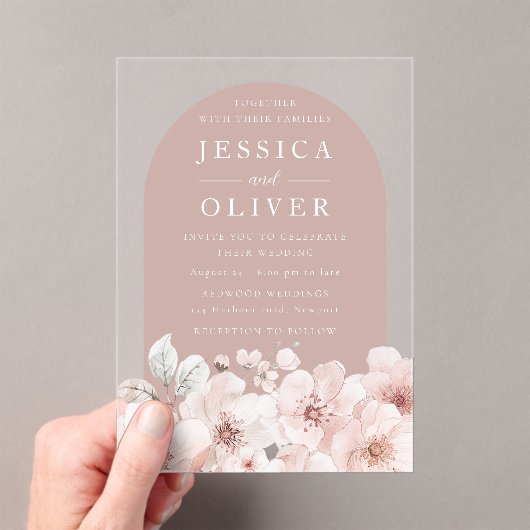 Designer Blush Bloemen Dusty Pink Arch Wedding Acryl Uitnodigingen (Insitu (Draagbaar))