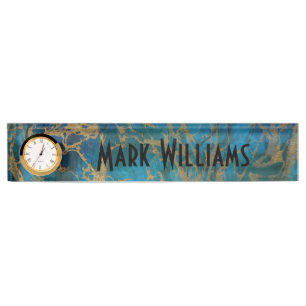 Desk-naamplaat met klok/blauw en gouden marmer naambordje