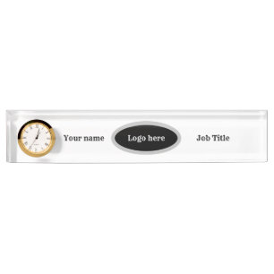 Desk Name Bord met klok. Bewerkbare tekst en logo Naambordje