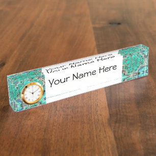 Desk Name Bord w / Clock Option Azurite Malachite Naambordje