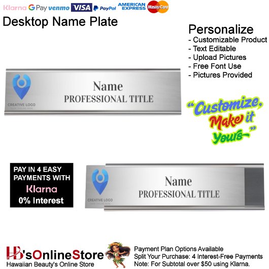Desktop Silver Name Bord met Logo en slogan Bureau Naambordje
