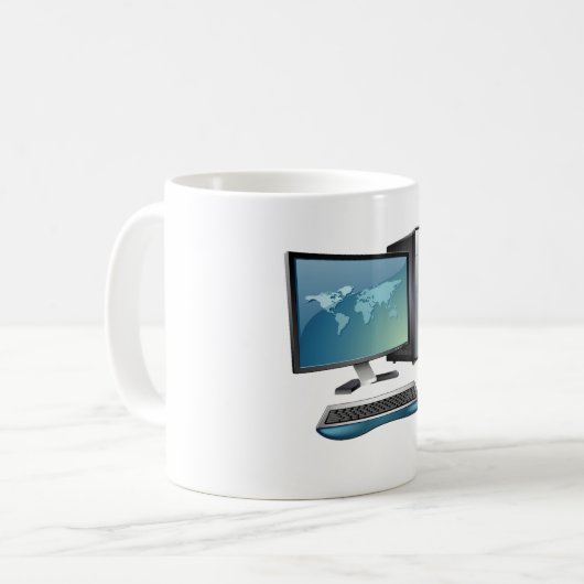 Desktopcomputer met monitor, toetsenbord en muis koffiemok (Voorkant links)