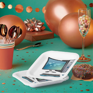 Desktopcomputer met monitor, toetsenbord en muis papieren bordje