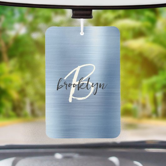 Désodorisant Pour Voiture Blue Brushed Metal Black White Script Monogram 