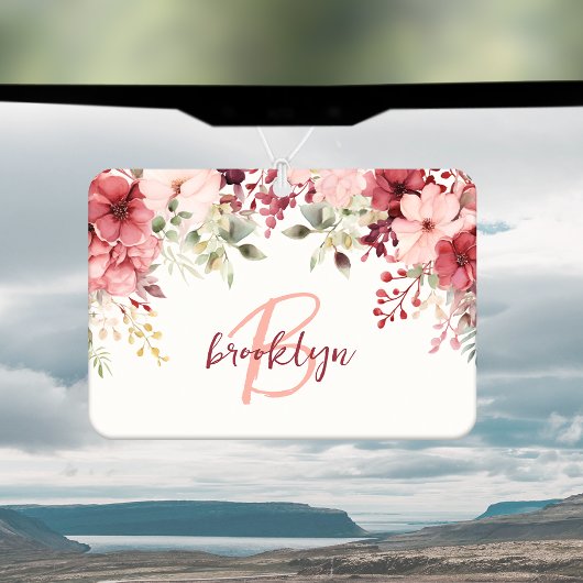 Désodorisant Pour Voiture Blush Pink Burgundy Floral Script Monogram
