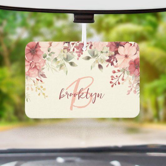 Désodorisant Pour Voiture Blush Pink Burgundy Floral Script Monogram