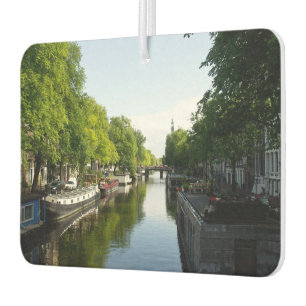 Désodorisant Pour Voiture Canal d'Amsterdam avec des péniches et des arbres 