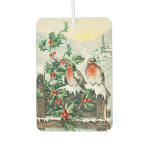 Désodorisant Pour Voiture Carte de Noël vintage avec rouges-gorges, houx, ég