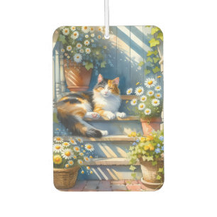 Désodorisant Pour Voiture Chat calicot sur la véranda florale Cottagecore