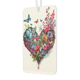 Désodorisant Pour Voiture Coeur avec fleurs d'aquarelle et papillons