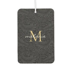 Désodorisant Pour Voiture Élégant noir floral or Script Monogramme