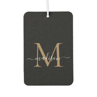 Désodorisant Pour Voiture Élégant Noir Monogramme Or mignon Girly Script chi