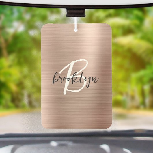 Désodorisant Pour Voiture Glam Rose Gold Métal Brossé Monogramme Noir Blanc 
