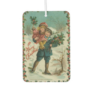 Désodorisant Pour Voiture Joyeux Noël - carte postale rétro, enfants, houx