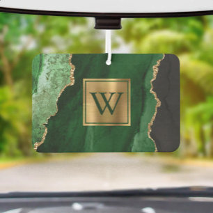 Désodorisant Pour Voiture Monogramme d'agate verte élégante en or