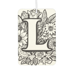 Désodorisant Pour Voiture Monogramme Fleur d'encre personnalisée noir et bla