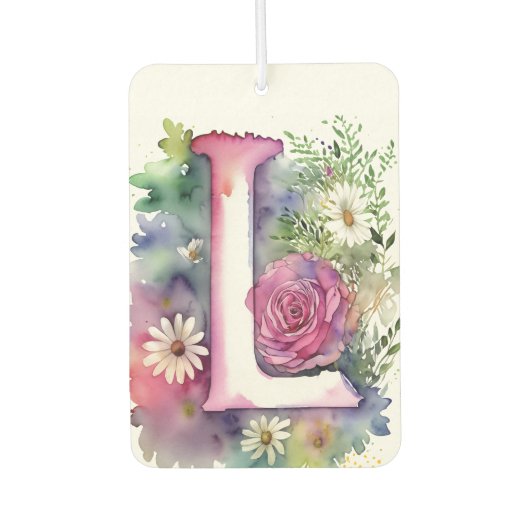 Désodorisant Pour Voiture Monogramme personnalisé Fleurs d'aquarelle colorée (Devant)