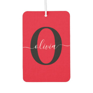 Désodorisant Pour Voiture Monogramme personnalisé Nom du script Rouge Noir B