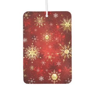 Désodorisant Pour Voiture Noël Golden Snowflakes sur Arrière - plan rouge