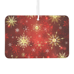 Désodorisant Pour Voiture Noël Golden Snowflakes sur Arrière - plan rouge