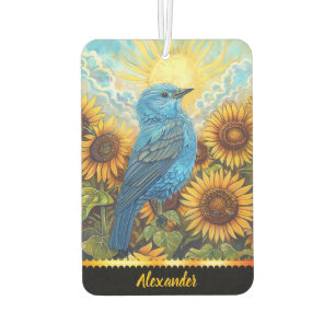 Désodorisant Pour Voiture Oiseau bleu sur les tournesols au lever du soleil