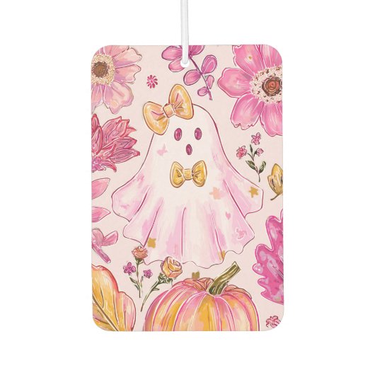 Désodorisant Pour Voiture Pastel Pink Halloween Ghost with Flowers and Pumpk (Devant)