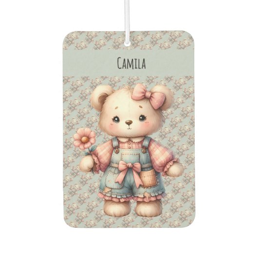 Désodorisant Pour Voiture Pastel Teddy Bear Holding Flower Wear Overalls (Devant)