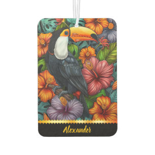 Désodorisant Pour Voiture Perroquet toucan parmi les fleurs tropicales vives