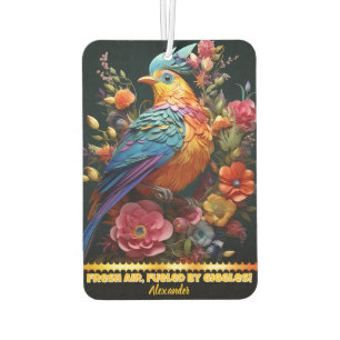 Désodorisant Pour Voiture Perroquet vibrant au milieu d'arrangements floraux