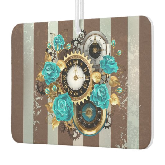 Désodorisant Pour Voiture Steampunk Clock and Turquoise Roses on Striped (Gauche)