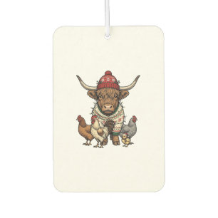 Désodorisant Pour Voiture Vache Highland et poulets de Noël Gravure Vintage