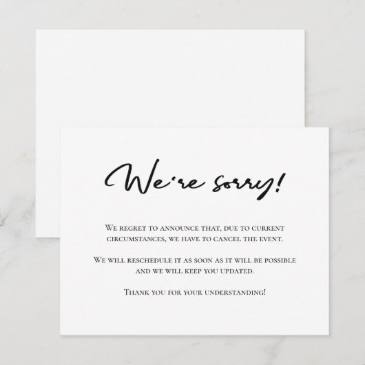 Désolé, faire-part d'annulation noir blanc (Devant / Derrière)