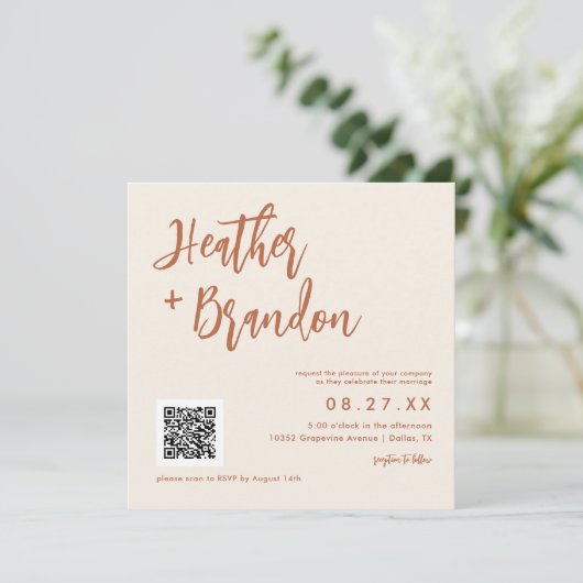 Dessert Boho QR Code Mariage Carré Invitation (Debout devant)