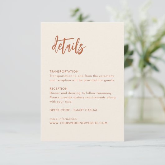 Dessert Boho Roest Bruiloft Details Enclosure Card Informatiekaartje (Staand voorkant)