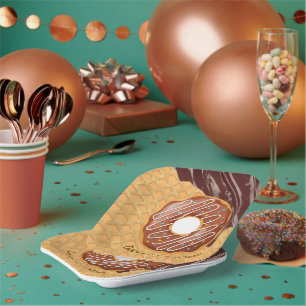 Dessert,Donut Choco Glazuur, Gesmolten Chocolade Papieren Bordje